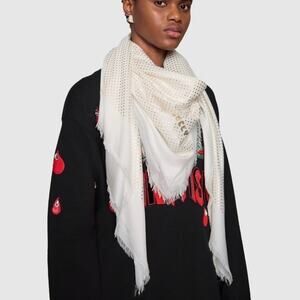 Gucci, GUCCY Modal Cashmere Shawl, White with Gold Stars and Retro Font “Guccy”